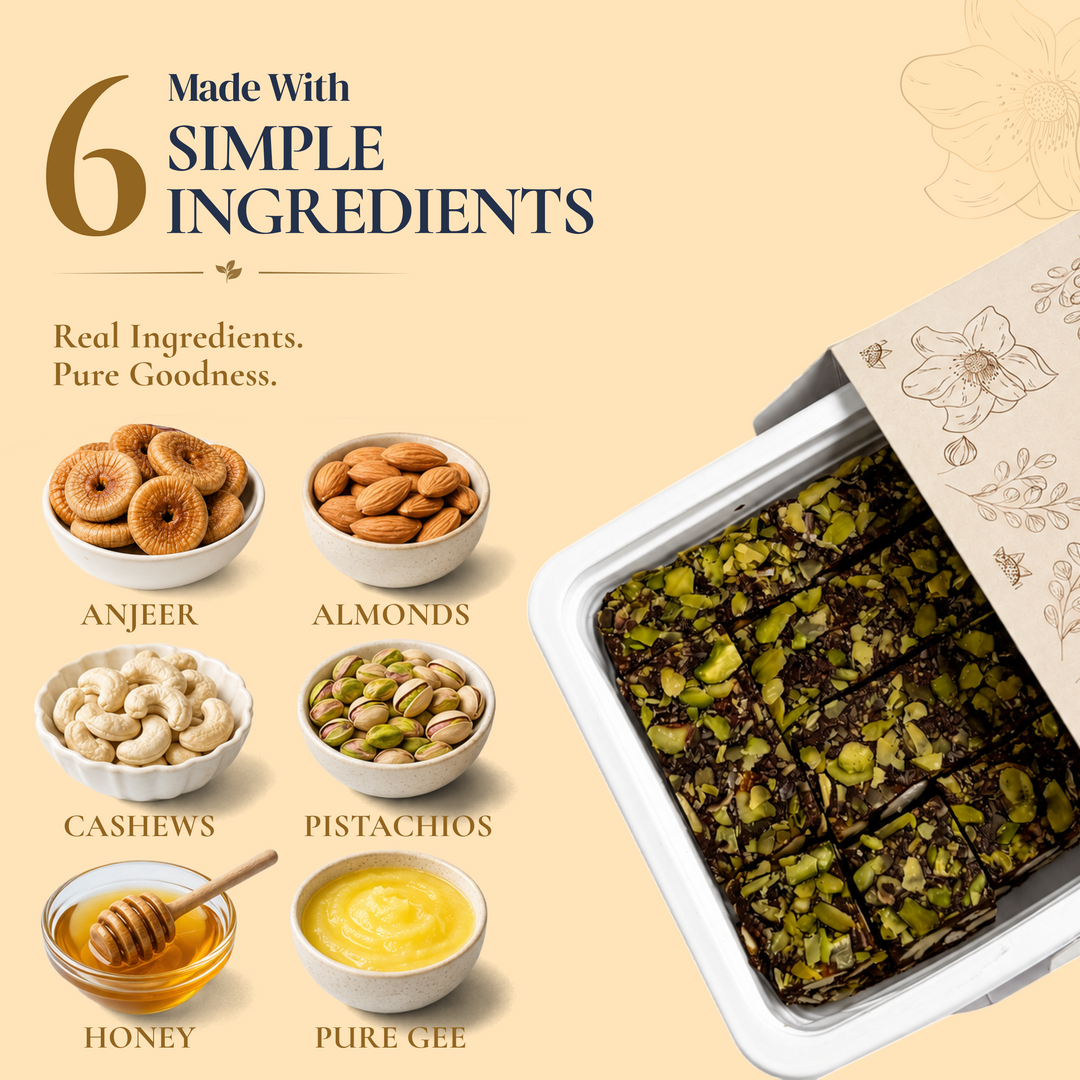 Anjeer Delight 500g – 6 Simple Ingredients: Anjeer, Almond, Cashew, Pistachio, Honey, Ghee