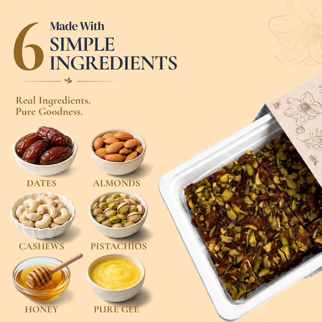 Dates Delight 500g – 6 Simple Ingredients: Dates, Almond, Cashew, Pistachio, Honey, Ghee